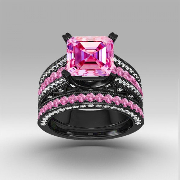 pink and white cubic zirconia asscher cut engagement ring 925 sterling silver black wedding ring set - Black And Pink Wedding Ring Sets pink and white cubic zirconia asscher cut engagement ring 925 sterling silver black wedding ring set - Black And Pink Wedding Ring Sets