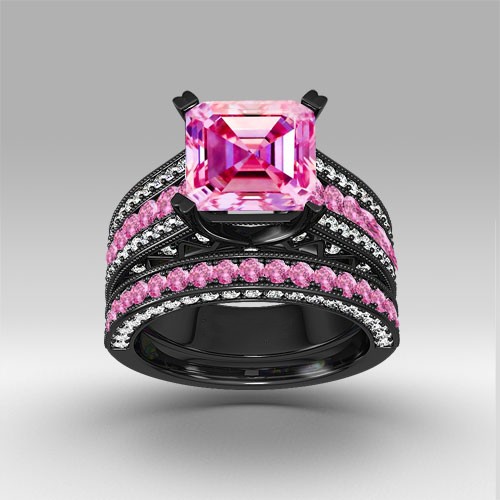 pink and white cubic zirconia asscher cut engagement ring 925 sterling silver black wedding ring set - Pink Wedding Ring Set pink and white cubic zirconia asscher cut engagement ring 925 sterling silver black wedding ring set - Pink Wedding Ring Set