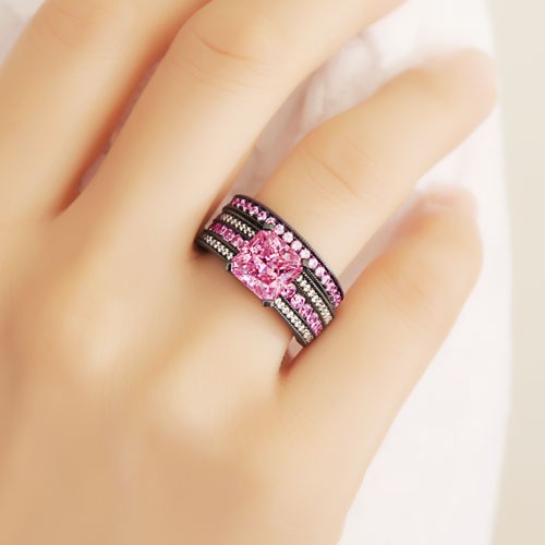 pink and white cubic zirconia asscher cut engagement ring 925 sterling silver black wedding ring set - Black And Pink Wedding Ring Sets pink and white cubic zirconia asscher cut engagement ring 925 sterling silver black wedding ring set - Black And Pink Wedding Ring Sets