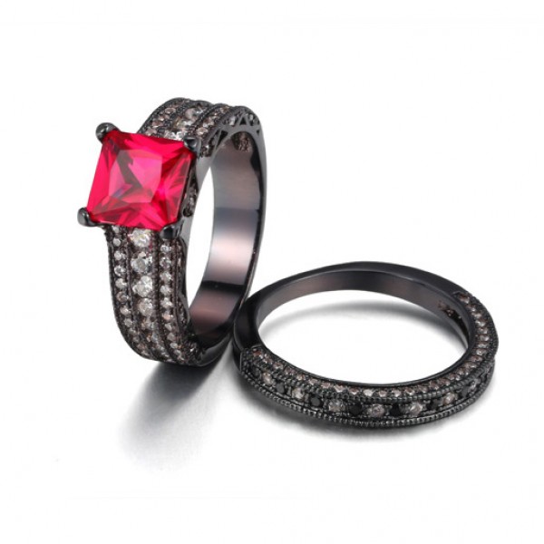 princess cut rose red sapphire 925 sterling silver black engagementwedding ring - Pink And Black Wedding Rings princess cut rose red sapphire 925 sterling silver black engagementwedding ring - Pink And Black Wedding Rings