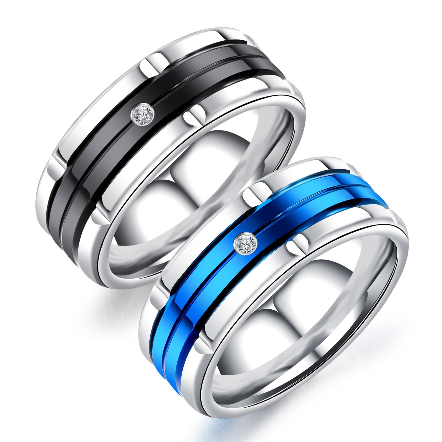 Black and Blue 8mm Men's Titanium Ring Wedding Band Cubic