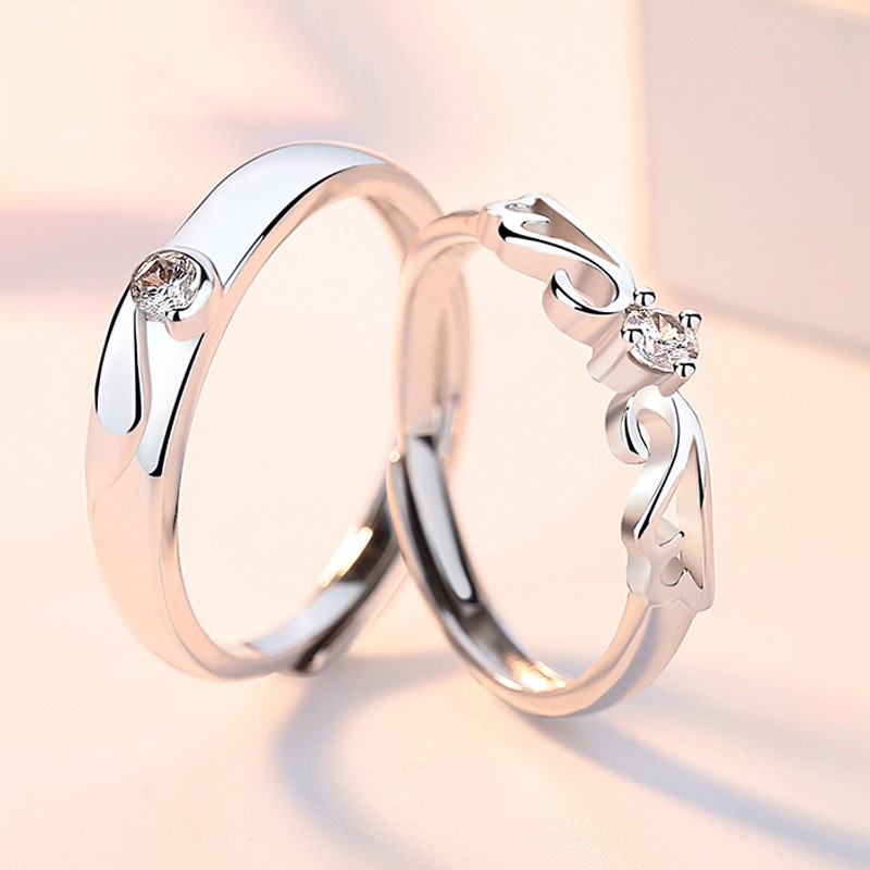 2PCS 925 Sterling Silver Adjustable Rings Couples Promise Engagement Rings for Lovers His and Her Set Sun and Moon 2In1 I Love You Heart Rings