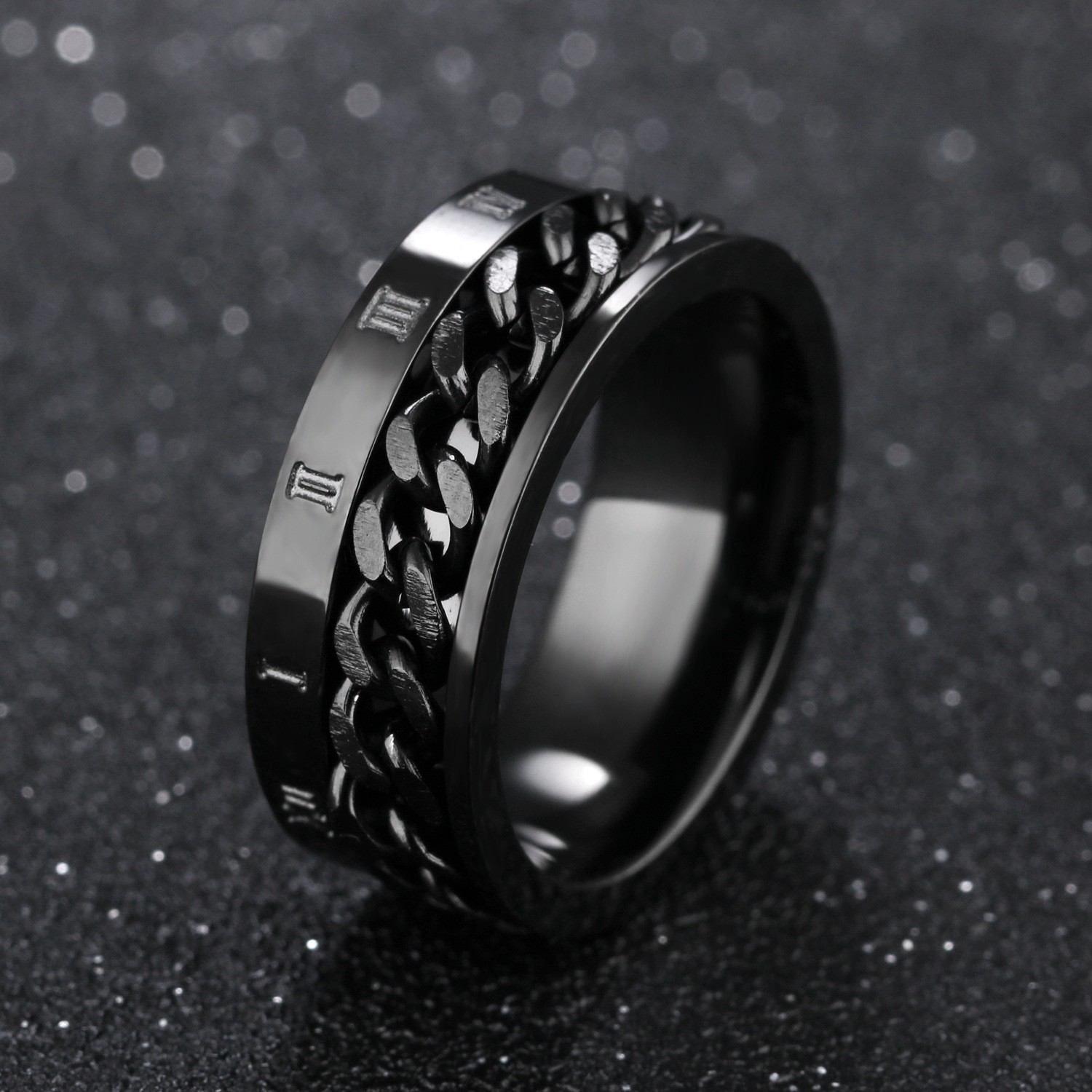 Titanium Steel Black Personality Roman Numeral Ring Rotating Chain Ring ...
