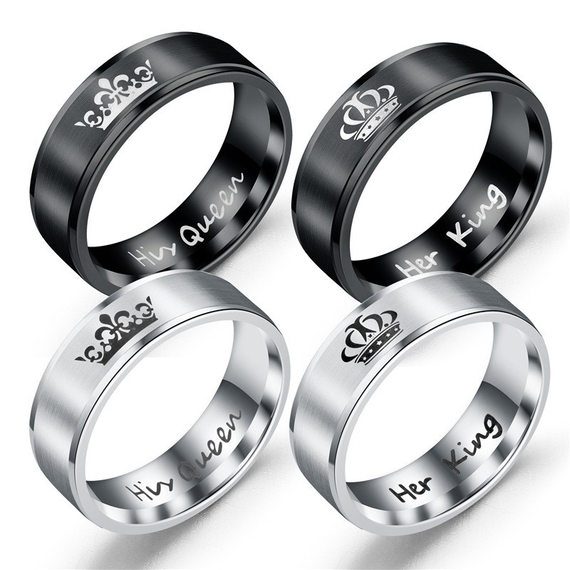 His Queen and Her King Stainless Steel Black Couple Rings For Lover Engagement