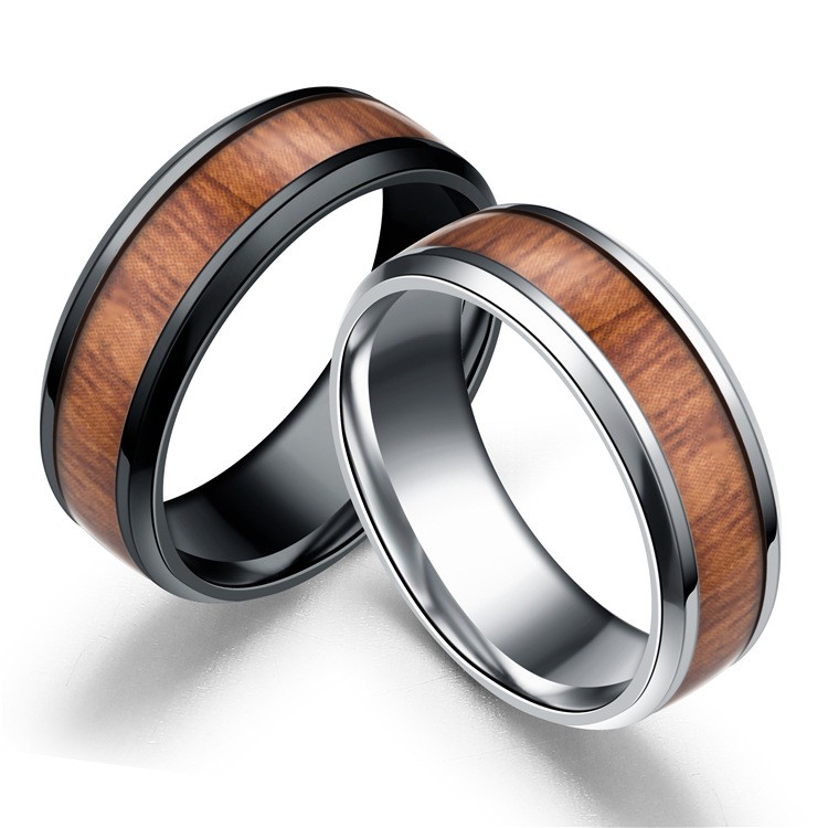 Hot Sale Wood Inlaid Stainless Steel Black Silver Mens Wedding
