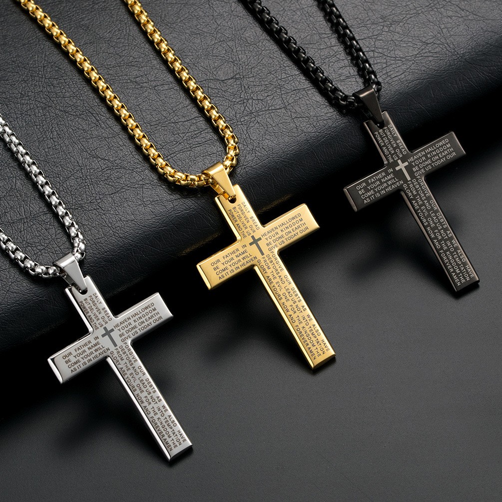 Unisex MEN Stainless Steel Bible Scriptures Cross Pendant Box Necklace Black 12N 