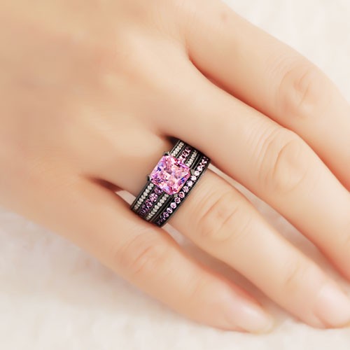 Pink And White Cubic Zirconia Cher Cut Engagement Ring 925 Black Wedding Ring Set Prevnext