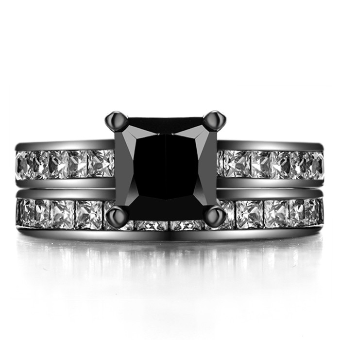 Princess Cut Black Sapphire 925 Sterling Silver Black Engagement