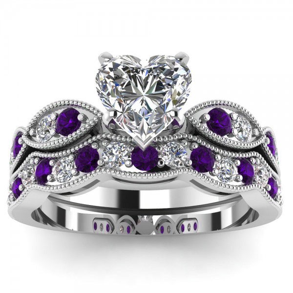 Heart Cut Created White Shire With Amethyst Sidestone Rhodium Heart Cut Created White Shire With Amethyst Sidestone Rhodium Plated 925 Sterling Silver Women S Wedding Ring Set Bridal