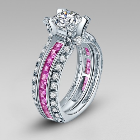 White And Pink Cubic Zirconia 925 Sterling Silver White Gold Plated Wedding Ring Set In La Cathedrale Style