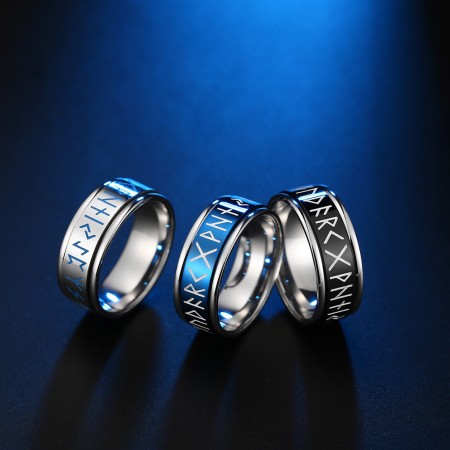 Three Colors Black Silver Blue Rotatable Nordic Style Viking Text Totem Luminous Glow Titanium Steel Men's Ring