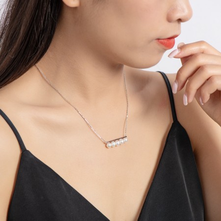 Korean Version Of Sterling Silver Balance Beam Five Beads 5 5 6mm Round White Bright Pearl Necklace