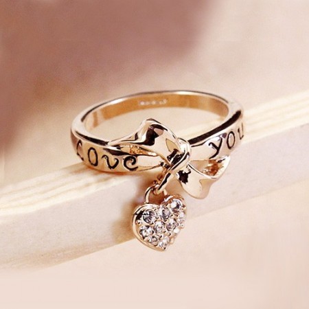 New Fashion Gold Plated Bowknot And Crystal Heart Women's Ring