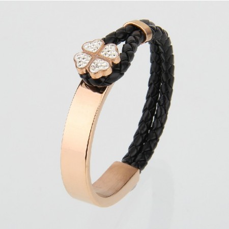 Fashion Four-leaf Clover Woven Leather Titanium Steel With Lovely Bell Charm Women's Bracelet