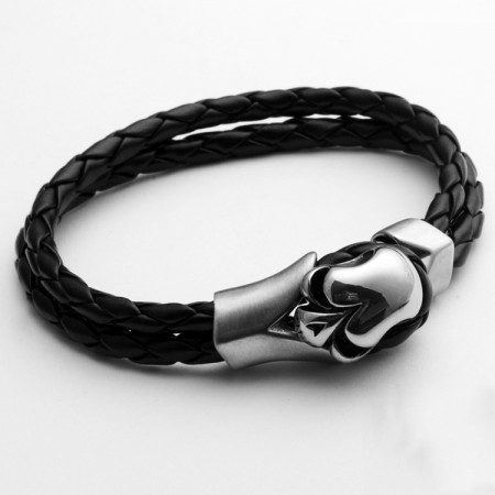 Fashionable PU Leather Braided Rope With Titanium Skull Head Man's Bracelet