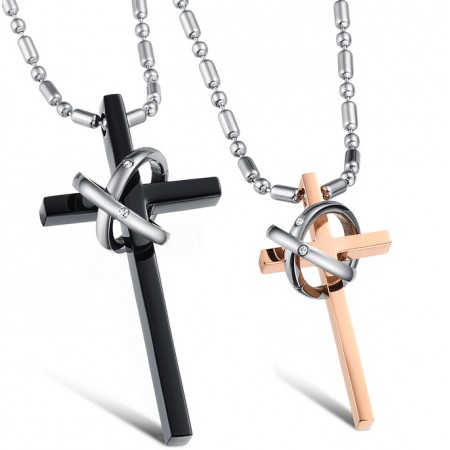 Titanium Black/Gold Holly Cross With Rings Lover's Necklace(Price For A Pair)
