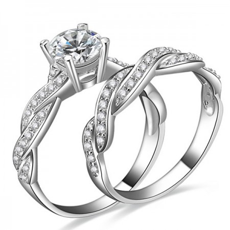 Fashion Intersect Design 925 Sterling Silver Engagement Ring Set