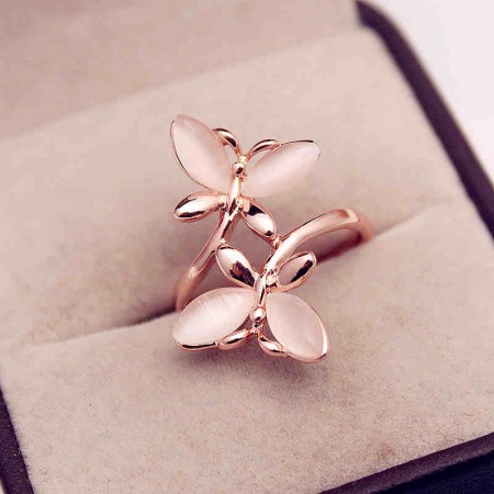 Two Butterly Rose Gold Ring With Opal