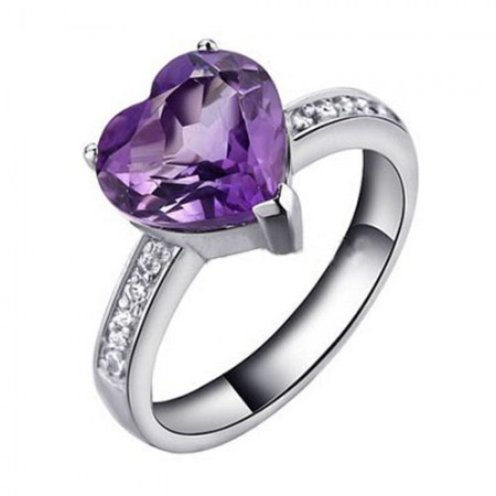 New 1.5 CT Romantic Amethyst Heart Cubic Zirconia 925 Sterling Silver Ring For Women