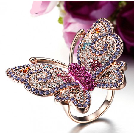 Sinery Romantic Great Butterfly Crystal Ring Rose Gold Color Sinery Romantic Great Butterfly Crystal Ring Rose Gold Color