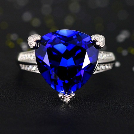 Stunning Big Heart Blue Sapphire Ring 925 Sterling Silver