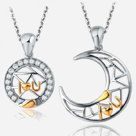 Romantic I Love You Silver-plated Moon And Sun Hollow Lover's Necklace(Price For A Pair)