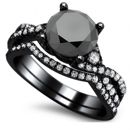 Round Cut Black Cubic Zirconia Sterling Silver Engagement / Wedding Bridal Set Black Gold Filled Promise Ring