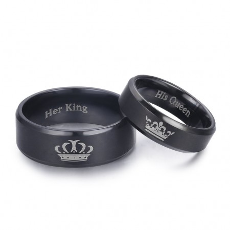 King and Queen Rings for Couples - 2pcs His Hers Stainless Steel Matching Ring Sets for Him and Her - Promise Engagement Wedding Band Black Comfort Fit