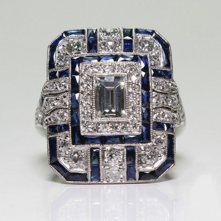 Retro Folk-custom Square Artificial Sapphire Ring Micro-inlaid Rhinestone Hand Jewelry