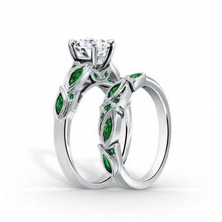 emerald ring sapphire sidestone engagement sterling bridal created cut round natural silver jewinston