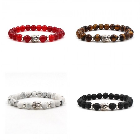 8mm Red/Brown/White Marble With Silver Buddha Bracelet