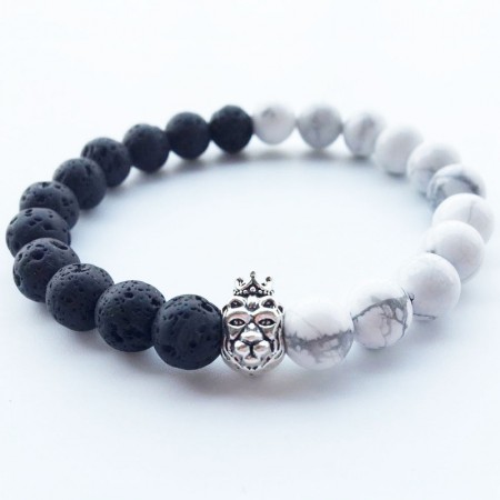 Black Lava & White Marble Lion Bracelet