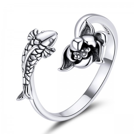 Fish & Lotus Adjustable 925 Sterling Silver Ring - Perfect Valentine's Day Gift