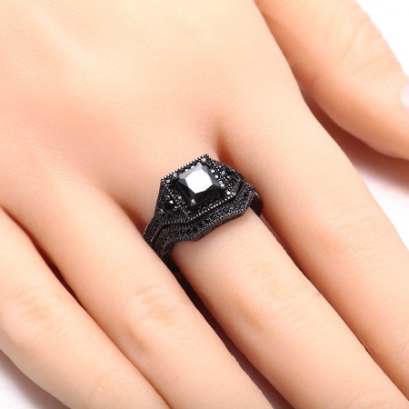 1.00 CT Princess Cut Simulated CZ Diamond & Black Sapphire 925 Sterling Silver Plated Engagement Ring for Womens