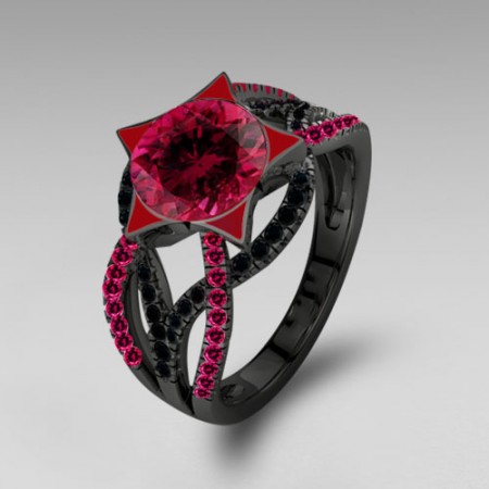 Twist Infinity Women's Black Ring with Red Corundum and Black Cubic Zirconia