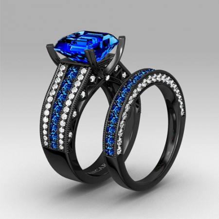Blue Cubic Zirconia With Asscher Cut Women S Black Wedding Ring