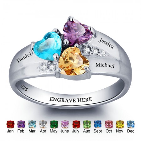 Personalized 925 Sterling Silver Mothers Rings with 3 Simulated Birthstones Custom Engraved Promise Rings for Women