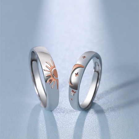 Adjustable Couples and Friendship Sun And Moon Matching Promise Rings Pair