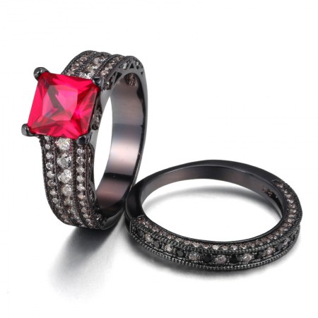 Princess Cut Rose Red Sapphire 925 Sterling Silver Black Engagement Wedding Ring Bridal Set Fashion Rings