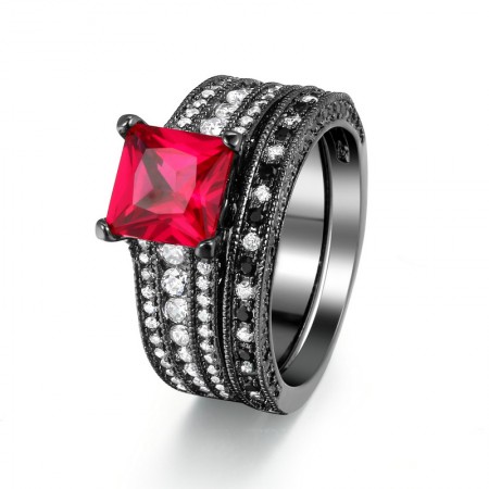 Princess Cut Rose Red Sapphire 925 Sterling Silver Black Engagement/Wedding Ring Bridal Set