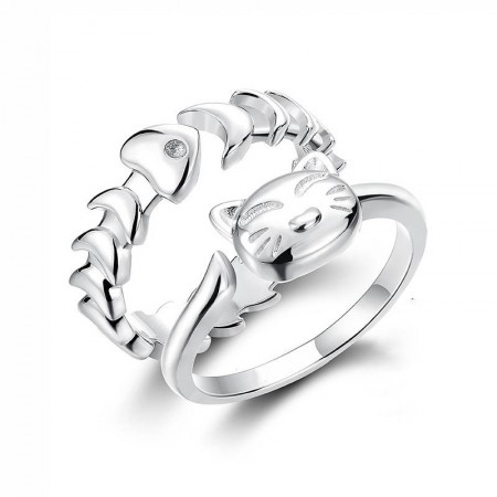 925 Silver Cat Love Fish Bone Adjustable Couple Rings