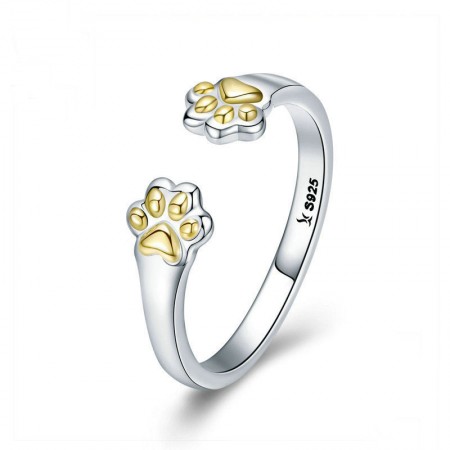 Golden Paw Print Cubic Zircons Adjustable 925 Sterling Silver Ring - Perfect Valentine's Day Gift