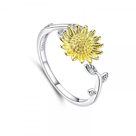 Golden Sunflower Adjustable 925 Sterling Silver Ring - Perfect Valentine's Day Gift