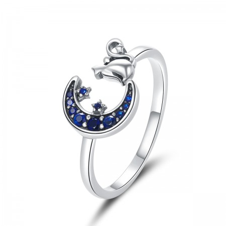 Cat & Moon Blue Cubic Zircon 925 Sterling Silver Adjustable Ring - Perfect Valentine's Day Gift
