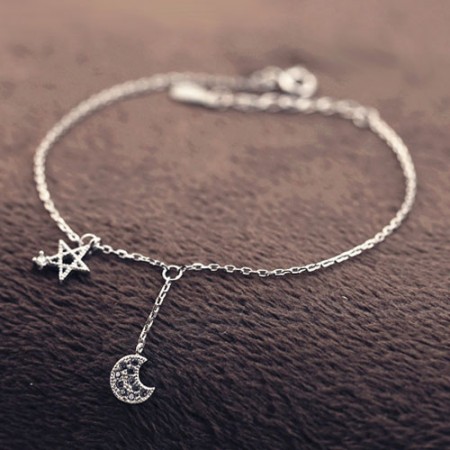 Moon and Star Women's Bracelet with Cubic Zirconia in 925 Sterling Silver